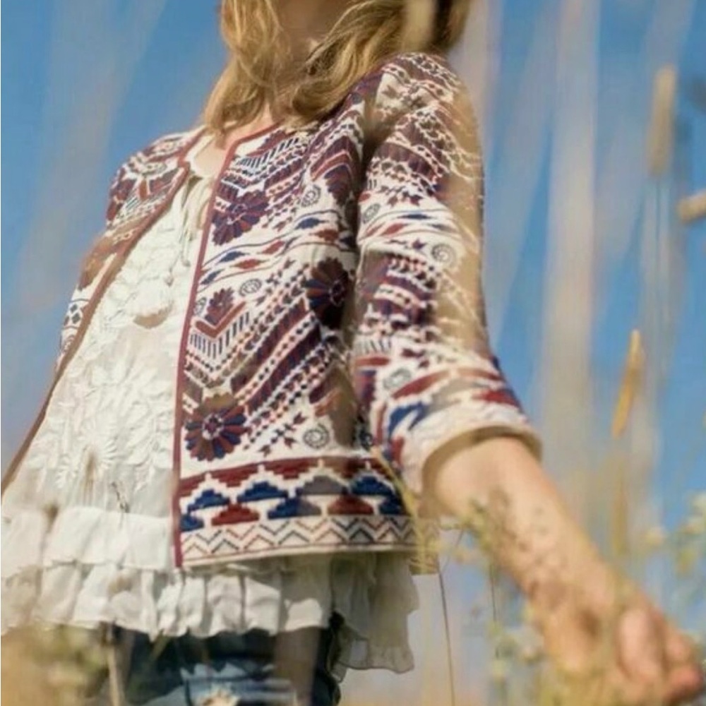 Anthropologie Greenwich Embroidered Jacket Cream Red Blue